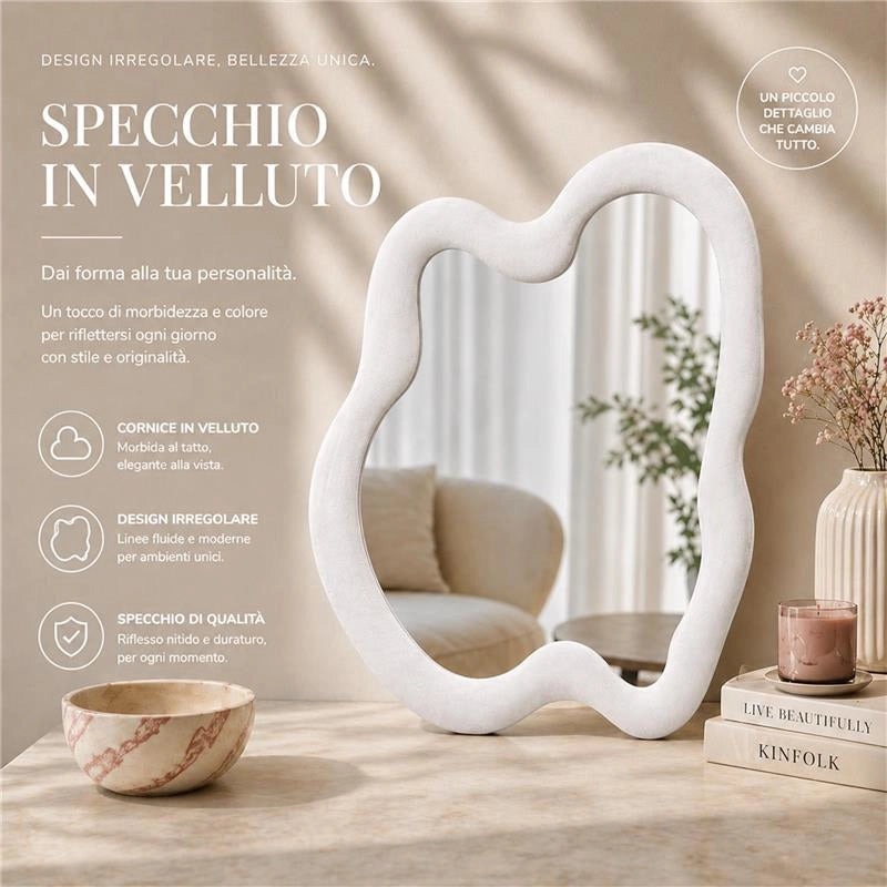 SPECCHIO ONDULATO IN VELLUTO CON GANCI PER APPENDERE DIMENSIONI 70X90X4.5CM - LINEA: CIELO COLORE BIANCO