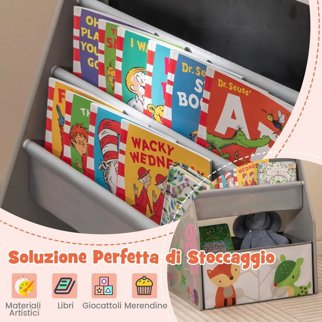 Cavalletto per Bambini Doppio Lato, Set Tavolo e Sedia per Bambini con Lavagna Magnetica e Lavagna Bianca, Contenitore in Tessuto e Libreria(Grigio)