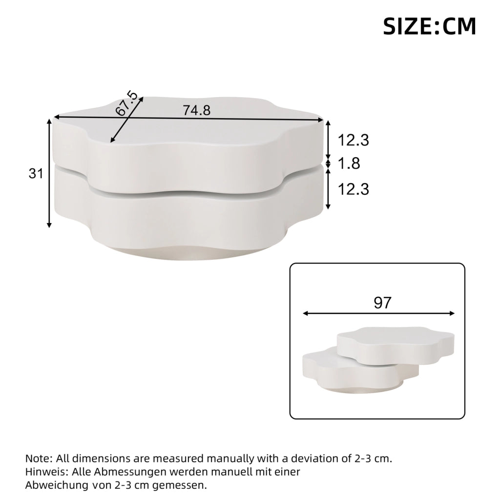 Tavolino da caffè 74.8x67.5x31 cm girevole a 360° in MDF bianco crema