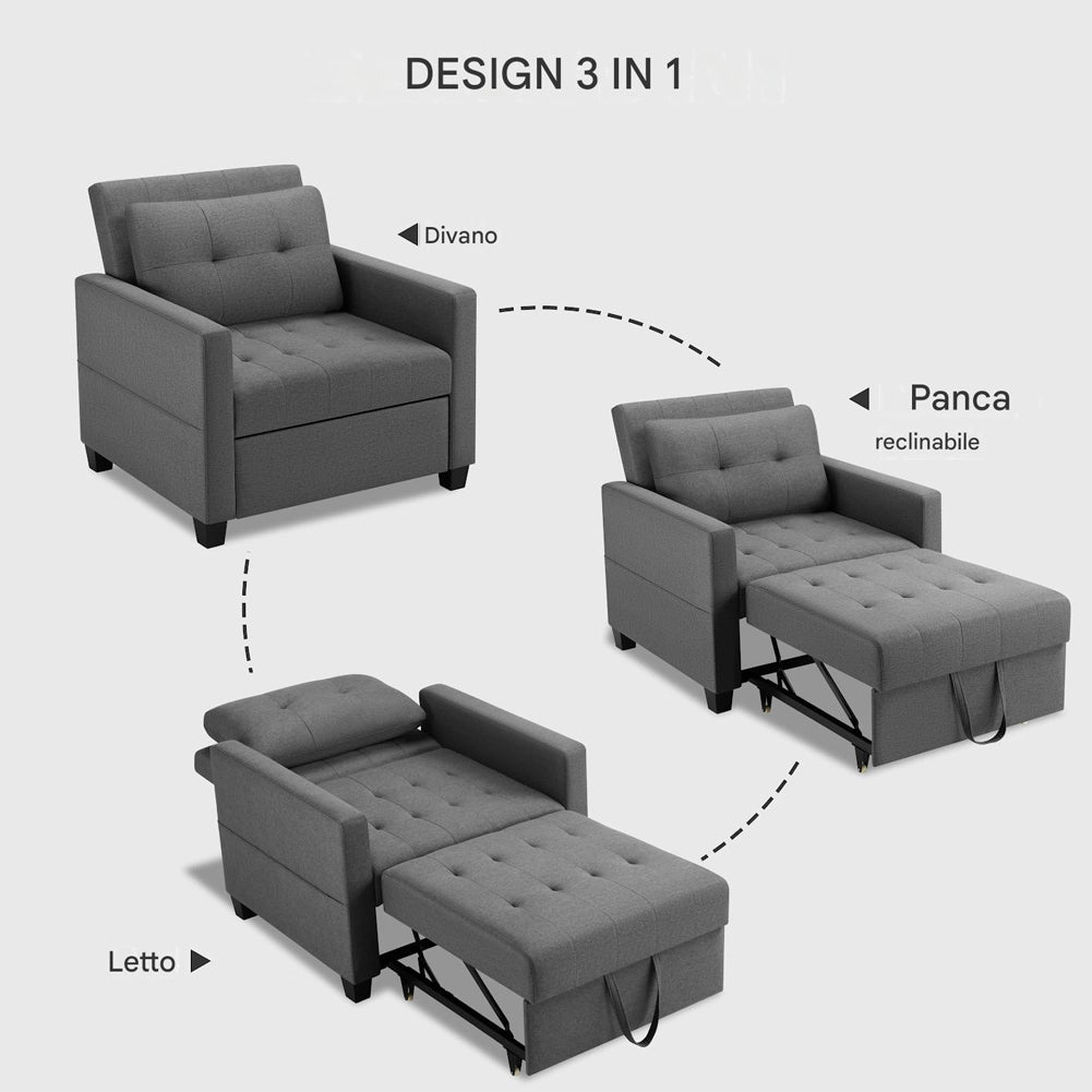 Poltrona Divano Letto Singolo Chaise Lounge Grigio Seduta Imbottita Ergonomica