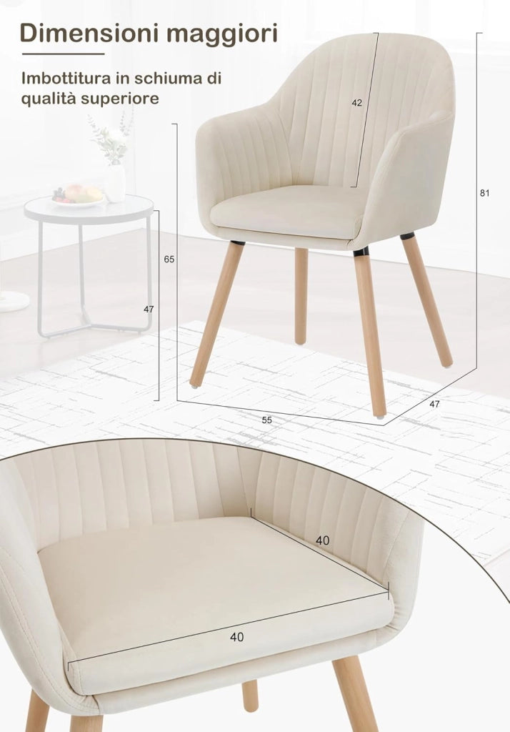 1Pz Sedia da Pranzo Poltroncina per Sala D'attesa Cucina Poltrona con Schienale Braccioli Tessuto in Velluto Gambe di Legno Crema BH95cm-1