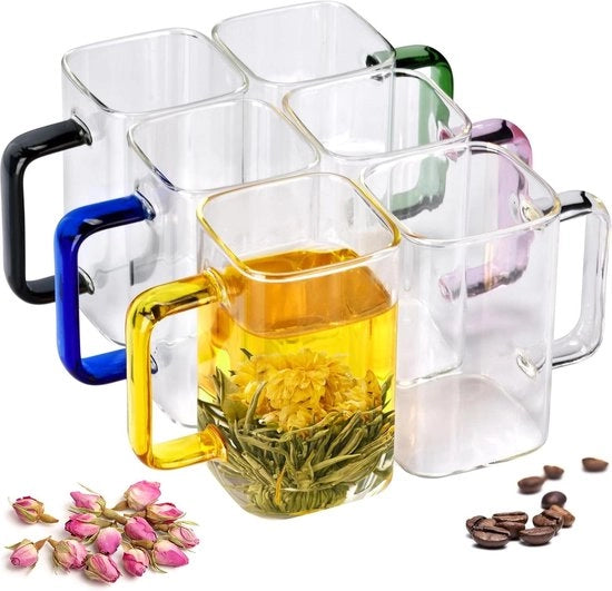 Set di tazze in vetro trasparente da 300 ml, 6 pezzi, design quadrato con maniglie colorate per tè, succo di frutta, caffè - uso quotidiano e per occasioni speciali - set di 6 tazze per ristoranti e matrimoni.
