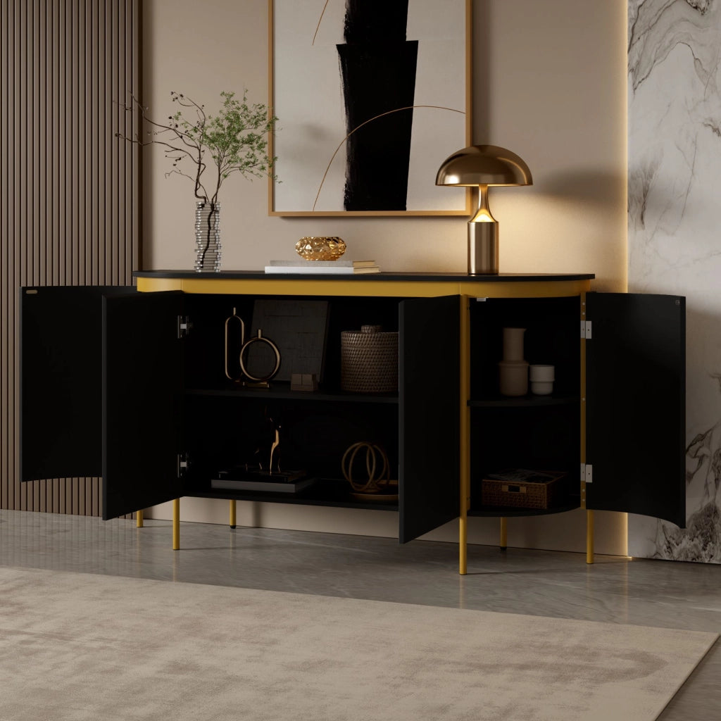 Credenza da 4 ante, mobile da ingresso, in MDF, con gambe in metallo, angoli arrotondati, colore nero