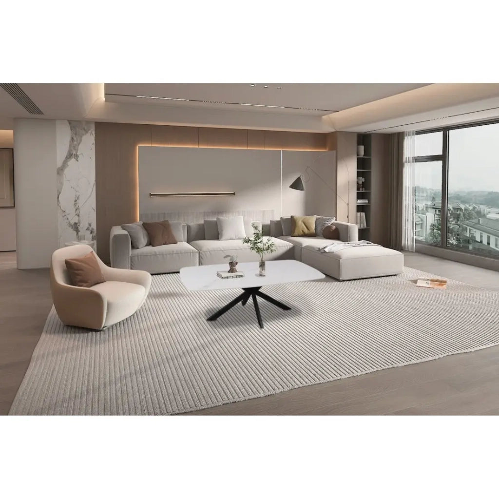 Tavolino basso ARVENA – Tavolino basso rettangolare 130x70 cm – Pietra bianca & metallo – Design moderno di alta gamma