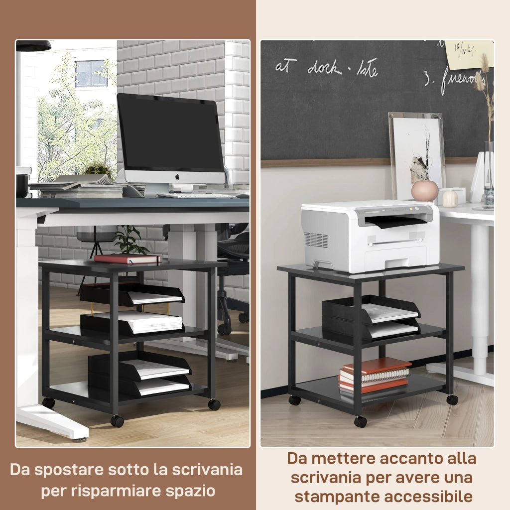 Carrello Porta Stampante a 3 Ripiani 50x50x52,5 cm con 4 Ruote in Legno e Acciaio Nero