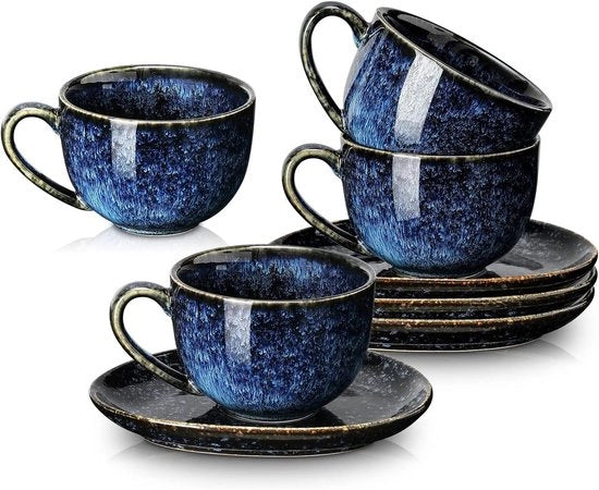 Set di 4 tazze cappuccino con piatti in stile stellato blu per caffè, tè e altro - 6 oz ciascuno