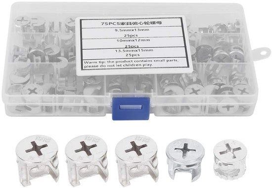 Kit di connettori per mobili - 75 pezzi - Connettore eccentrico - Nocciolo di connessione - Pignone - Set di viti - Contenitore compatto - Connettore per mobili