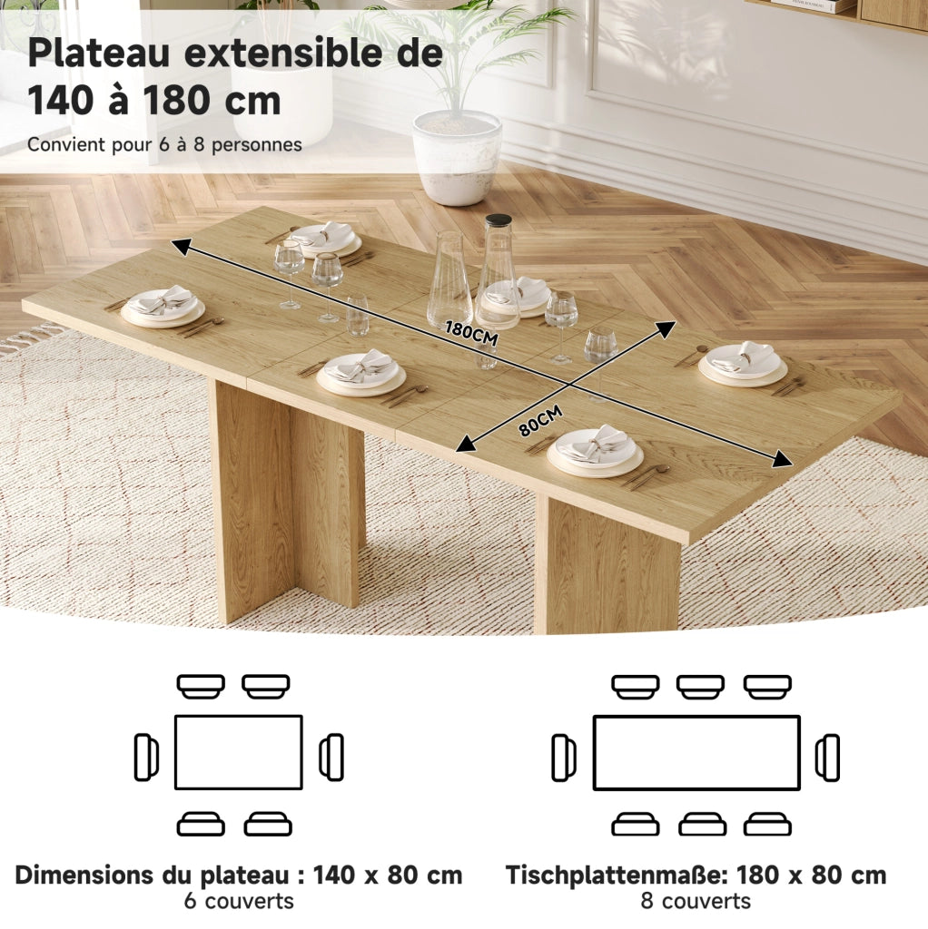 Tavolo da pranzo allungabile 140/180 x 80 cm in MDF colore rovere; per 6-8 persone