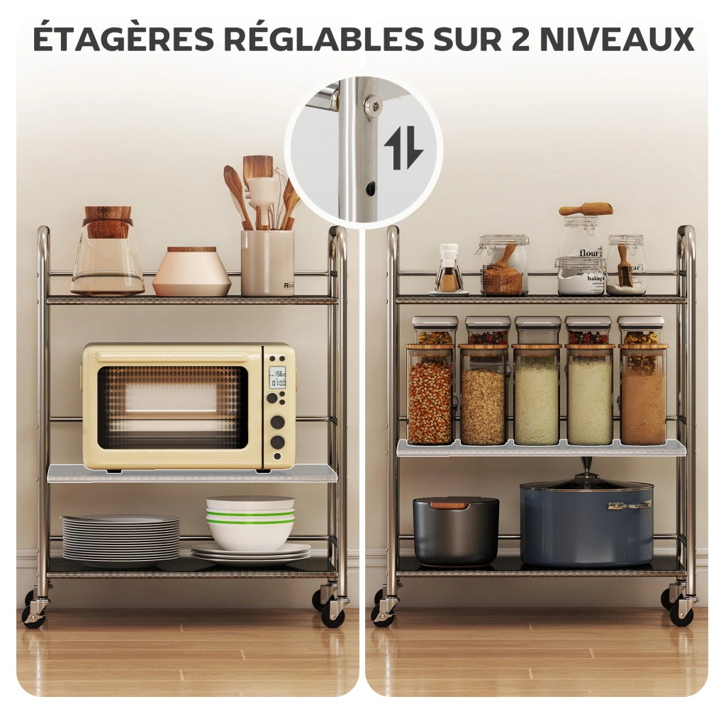 Carrello da cucina a 3 livelli in acciaio inox ¨C zephmum ¨C argento 60x35x77 cm