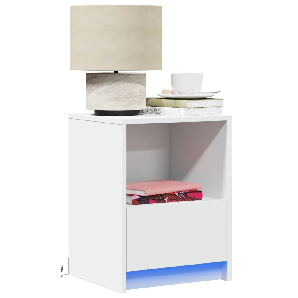 Comodino | Armadio da Notte | Mobiletto da notte con Luci LED Bianco in Legno Multistrato