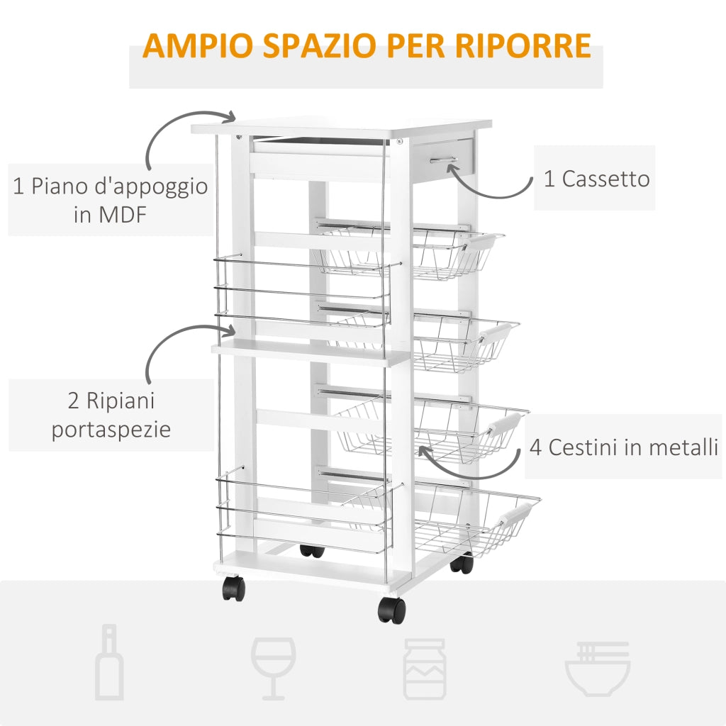 EasyComfort Carrello da Cucina Salvaspazio in Legno Bianco, Portavivande con 1 Piano di Lavoro 1 Cassetto e 4 Cestelli Metallici, 47x37x83cm