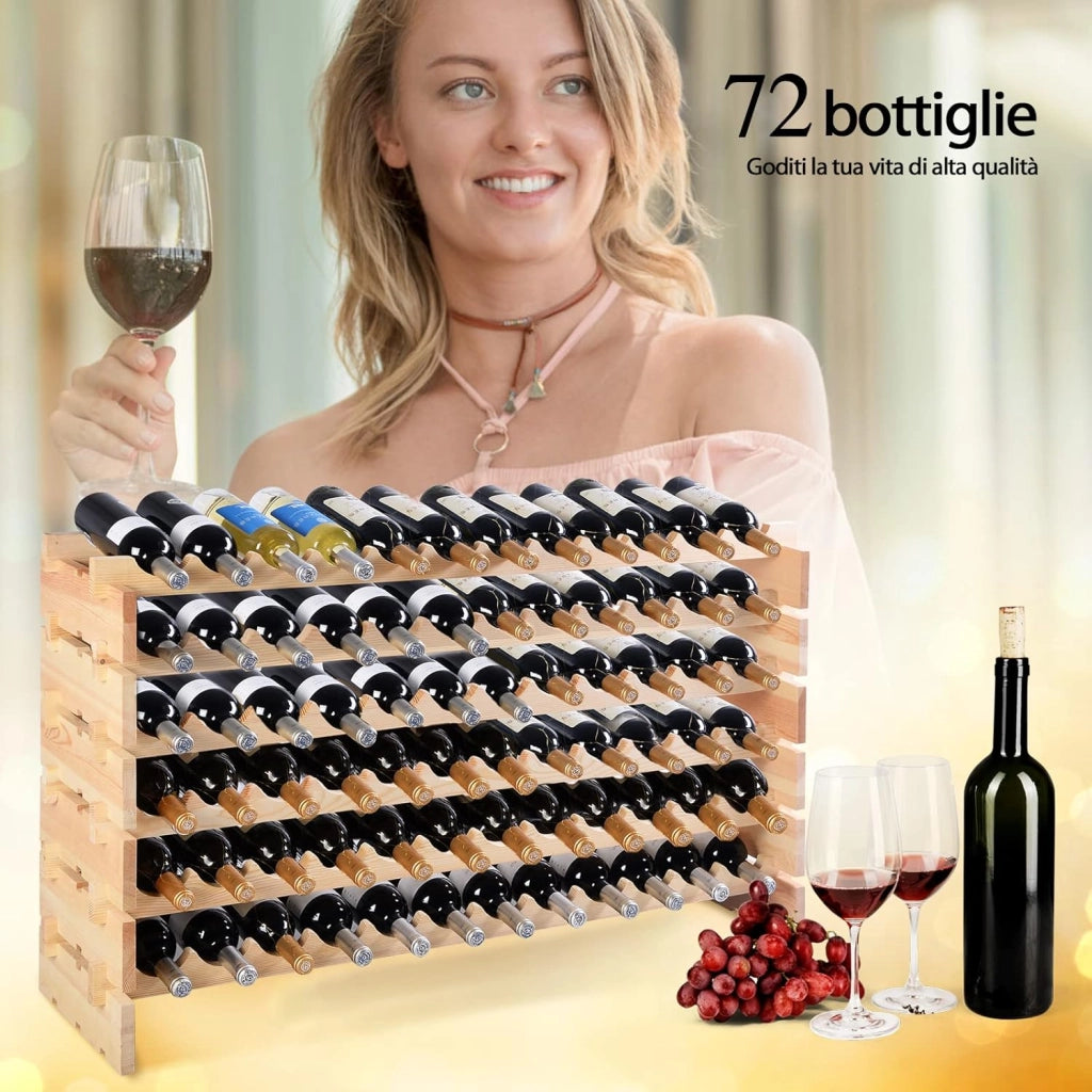 Cantinetta Portabottiglie Vino in Legno di Pino, Portabottiglie per Vino con 6 Ripiani, per 72 Bottiglie di Vino, per Cucina, Bar e Cantina (72 Bottiglie)