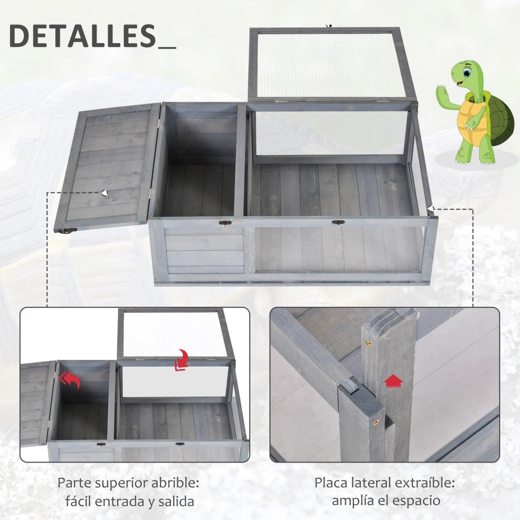 Casetta per Tartarughe Legno Grigio con Tetto a Maglie e Pannelli Laterali Trasparenti Estraibili ¨C zephmum ¨C 91x60.5x32 cm