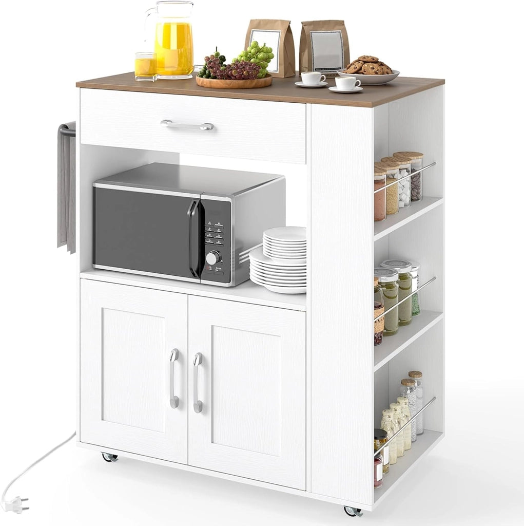 Carrello da Cucina con Ruote, Isola da Cucina con 3 Portaspezie 1 Cassetto Armadietto a 2 Porte, Carrello Portaoggetti con Portasciugamani, 82x46x92 cm (Bianco+bianco)