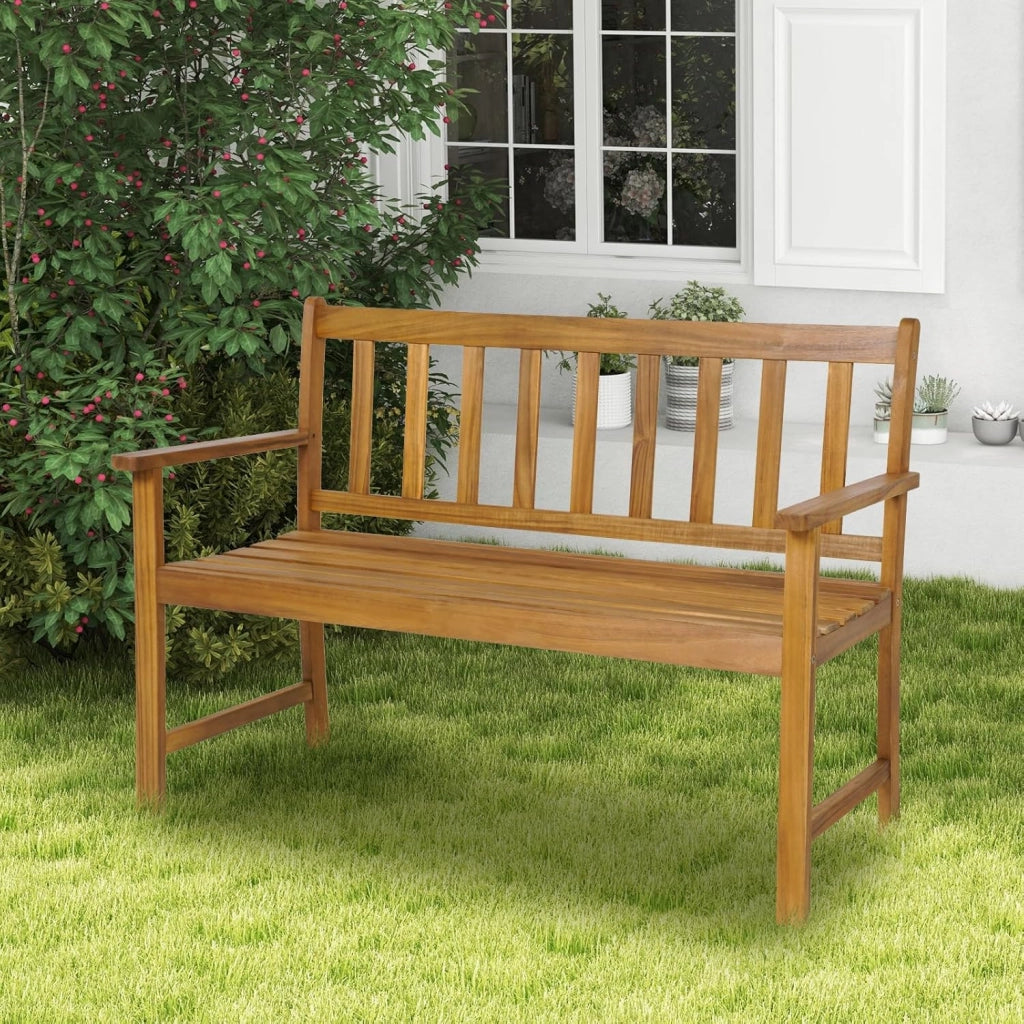 Panchina da Esterno in Legno di Acacia, Panchina con Schienale, Braccioli e Sedile a Doghe, Panchina da Giardino, Balcone e Cortile, Portata 360 kg (122 x 56,5 x 86 cm)