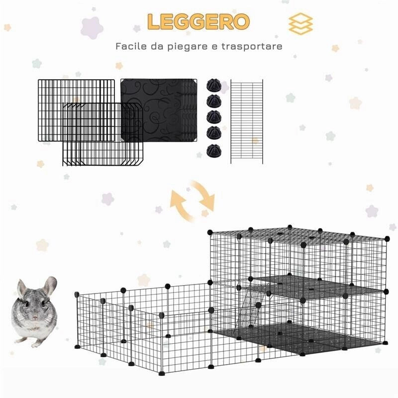 RECINTO PER CONIGLI MODULABILE IN METALLO CON SCALETTA E ACCESSORI MONTAGGIO, 175X105X70CM - NERO