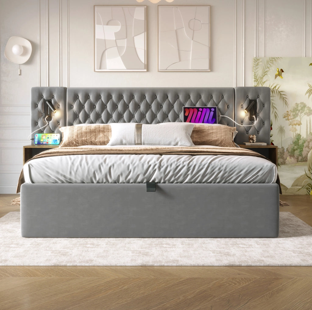 Letto matrimoniale 160x200 cm in velluto grigio con 2 comodini; luci lettura e ricarica USB-C