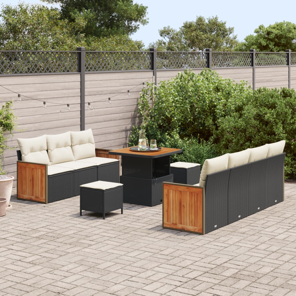 Set Divano da Giardino vitaXL da 10 Pezzi con Cuscini Nero Polyrattan Acacia