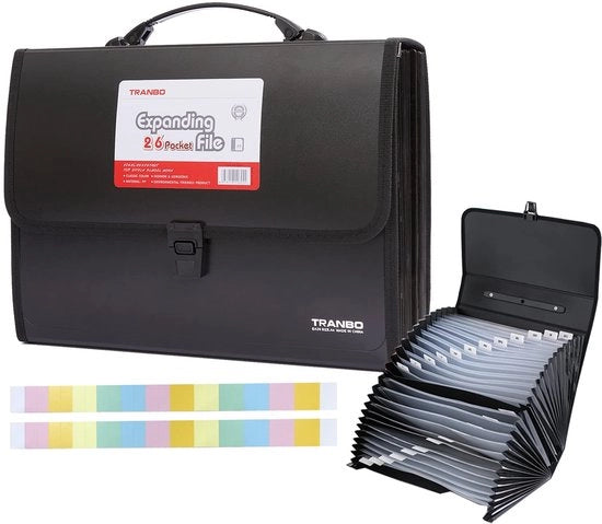 Map portatile A4 con maniglia e 26 tasche, con chiusura a bottone e cerniera, sistema di archiviazione per ufficio, scuola e casa, colore nero