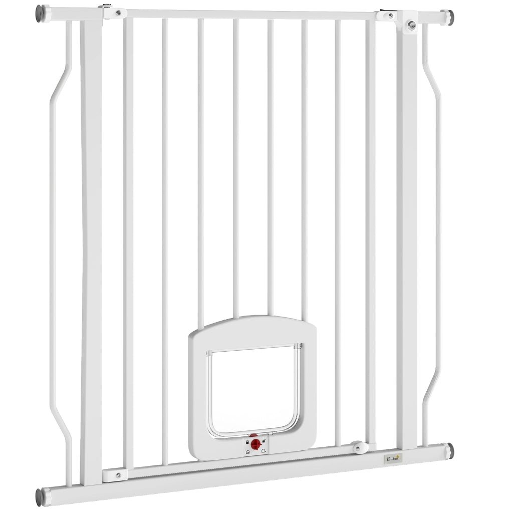 Cancello per Cani e Gatti Estensibile con Gattaiola Integrata, in Acciaio e ABS, 75-85x2x76 cm, Bianco