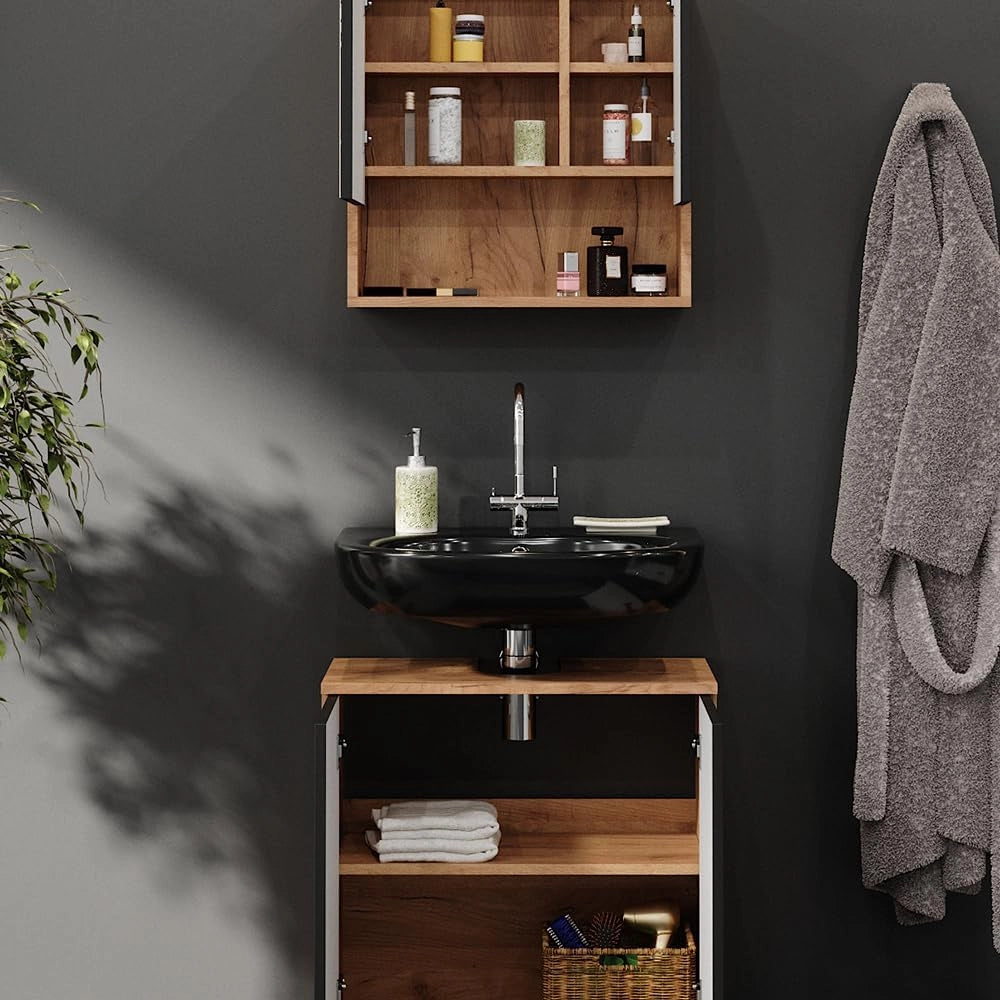 Set mobili bagno Irma, Antracite puntinato, 80 cm, composto da specchio da bagno e mobile sottolavabo
