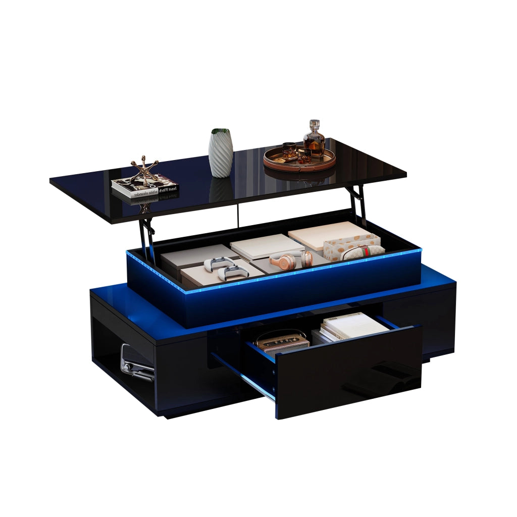 Tavolino da caff¨¨ regolabile in altezza - Zephmum- 96x45x40 cm, LED, vano nascosto, nero