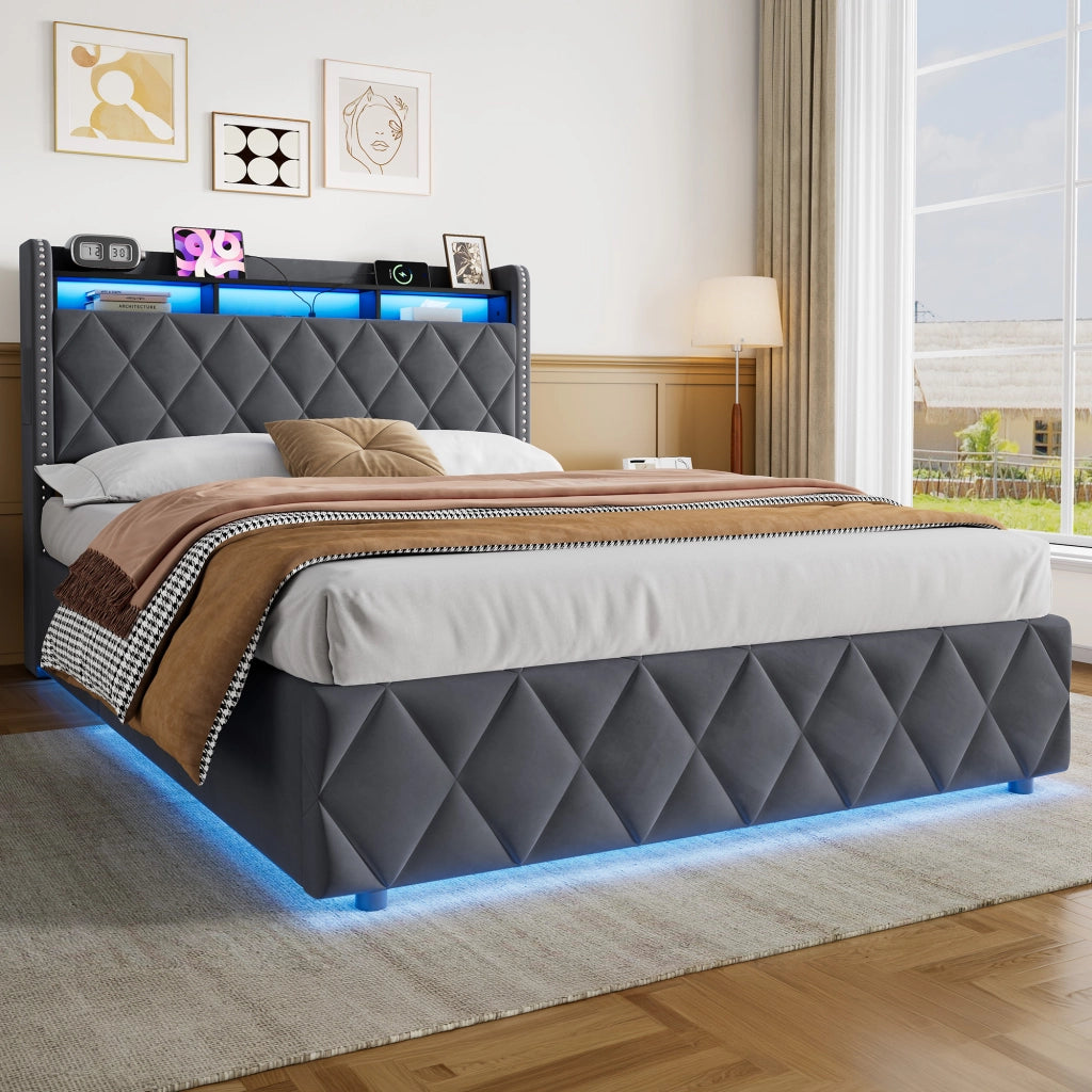 Letto imbottito 140x200 cm grigio scuro in velluto con contenitore, LED e porte USB