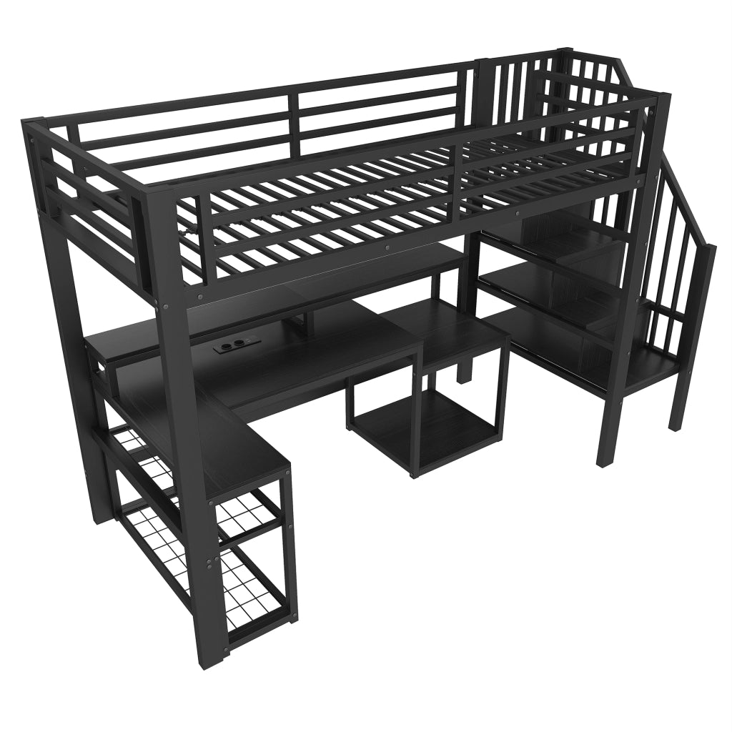 Letto a castello nero in metallo con funzione scrivania e illuminazione LED 90x200 cm