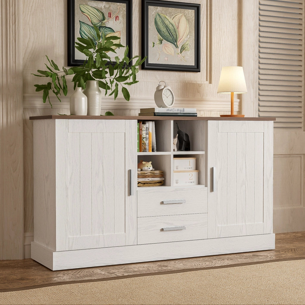Credenza 2 Ante 2 Cassetti ¨C MINIMAL ¨C Bianco e Marrone Effetto Legno 140x40x79,5 cm