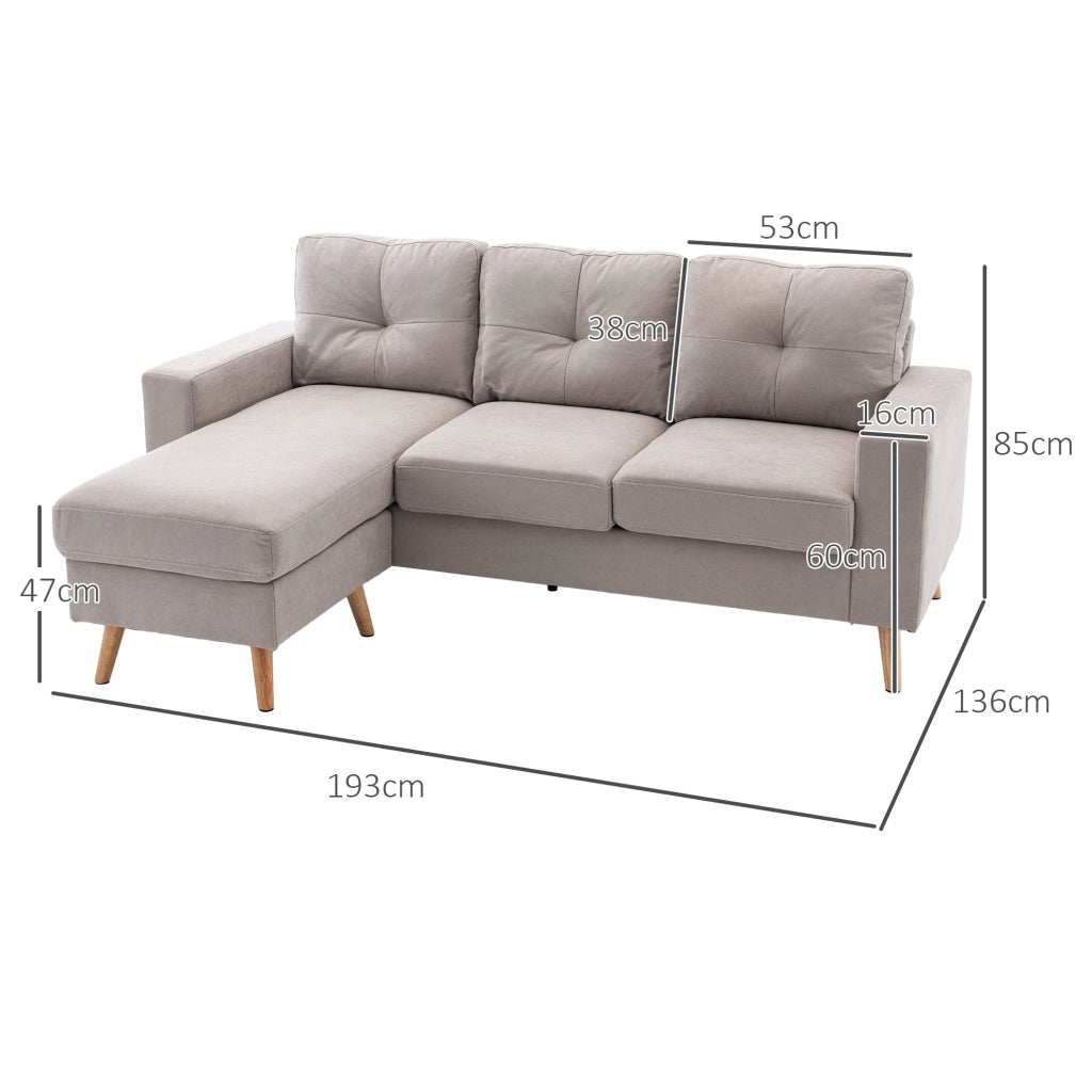 Divano angolare a L con chaise longue reversibile, 3 posti, tessuto effetto lino, grigio chiaro
