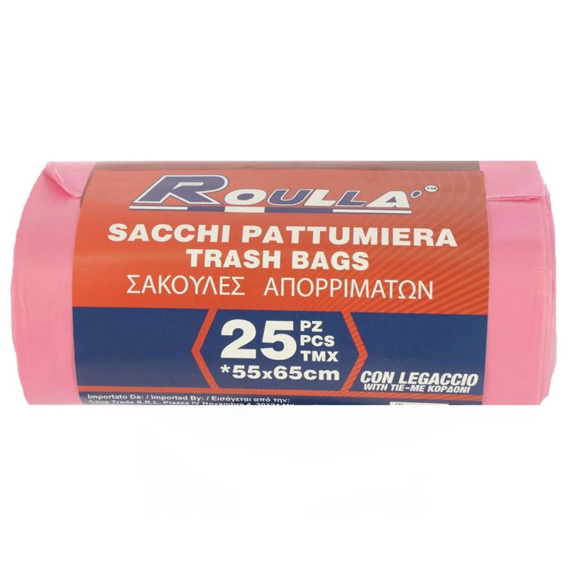 SACCHETTO PATTUMIERA CON LEGACCIO ROSA 55X65 CM 25PZ
