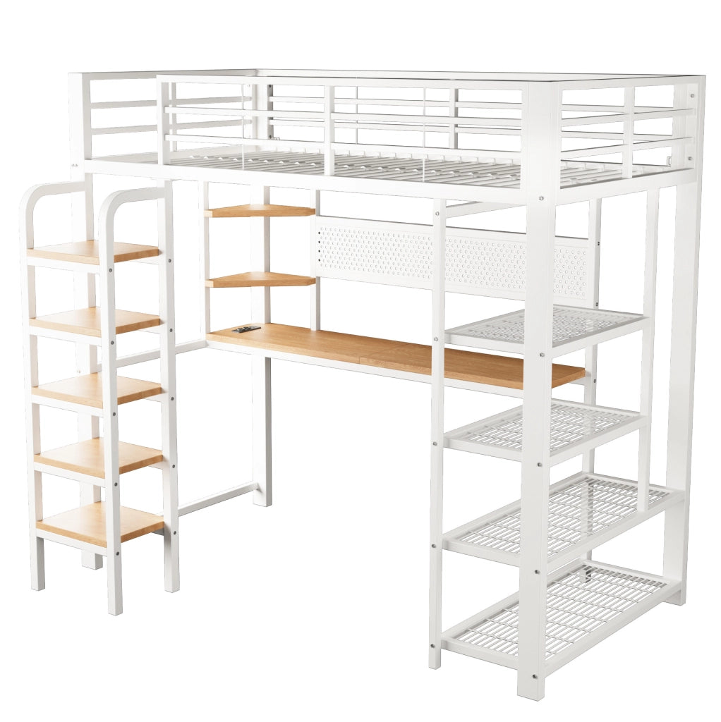 Letto a soppalco ULEVR 90x200 cm con scrivania, LED multicolore, prese integrate e ripiani, bianco