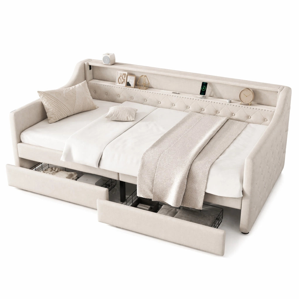 Letto da giorno 90x200 cm beige in lino e MDF con LED, USB e 2 cassetti
