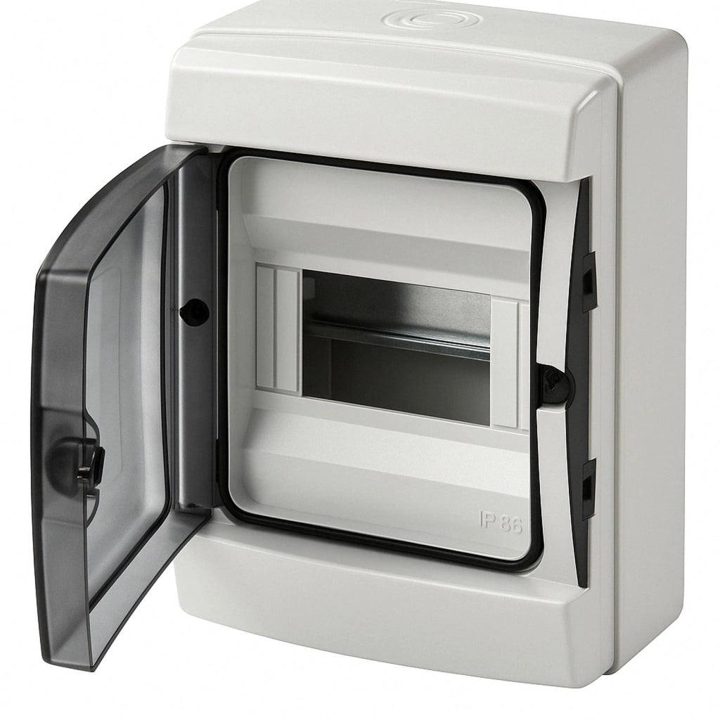 Centralino da parete 4 moduli con portello fumé, grigio RAL 7035, 150x170x100 mm, IP65, ideale per installazioni elettriche interne ed esterne