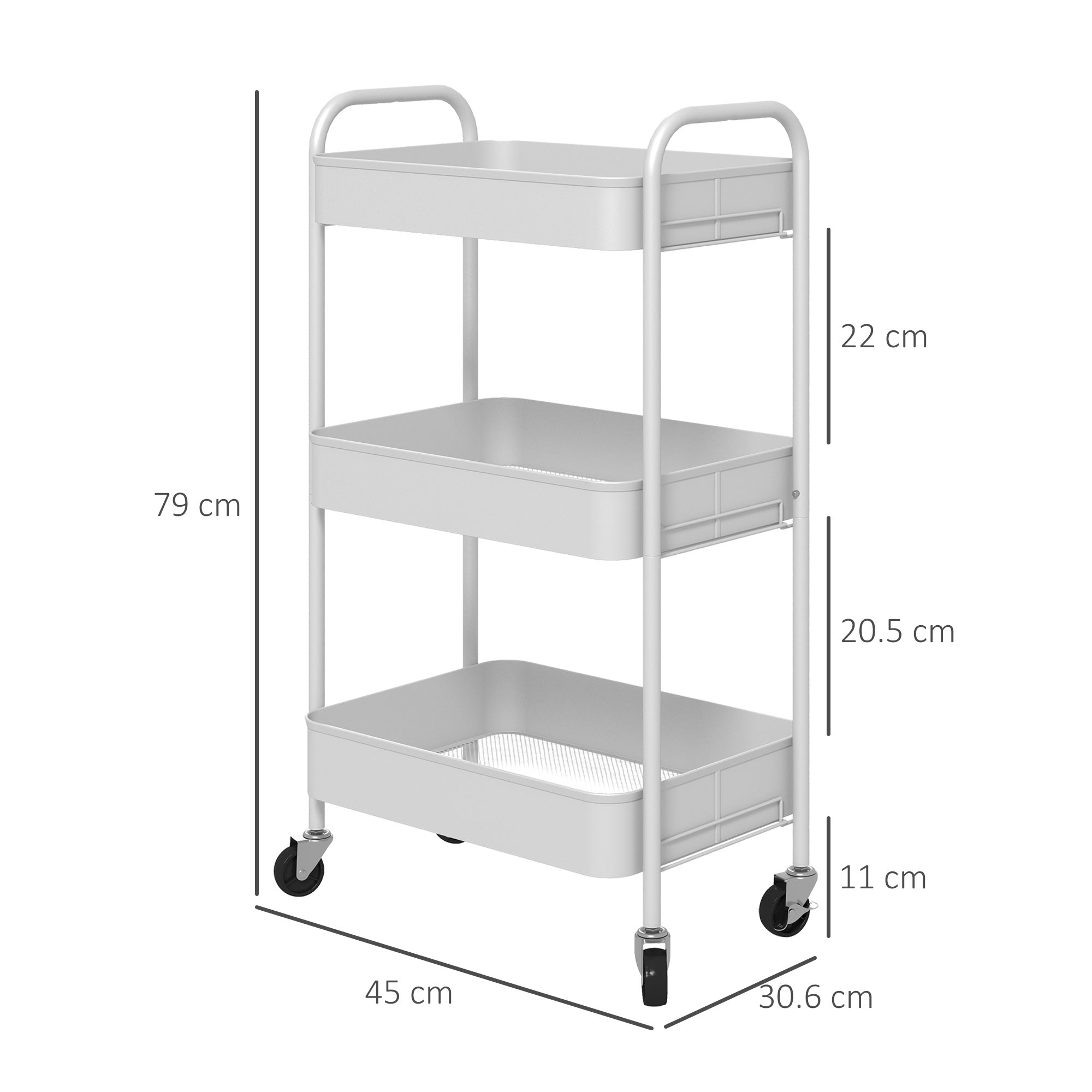 Carrello da Cucina a 3 Livelli con Maniglie e 4 Rotelle 45x30,6x79 cm in Acciaio Bianco