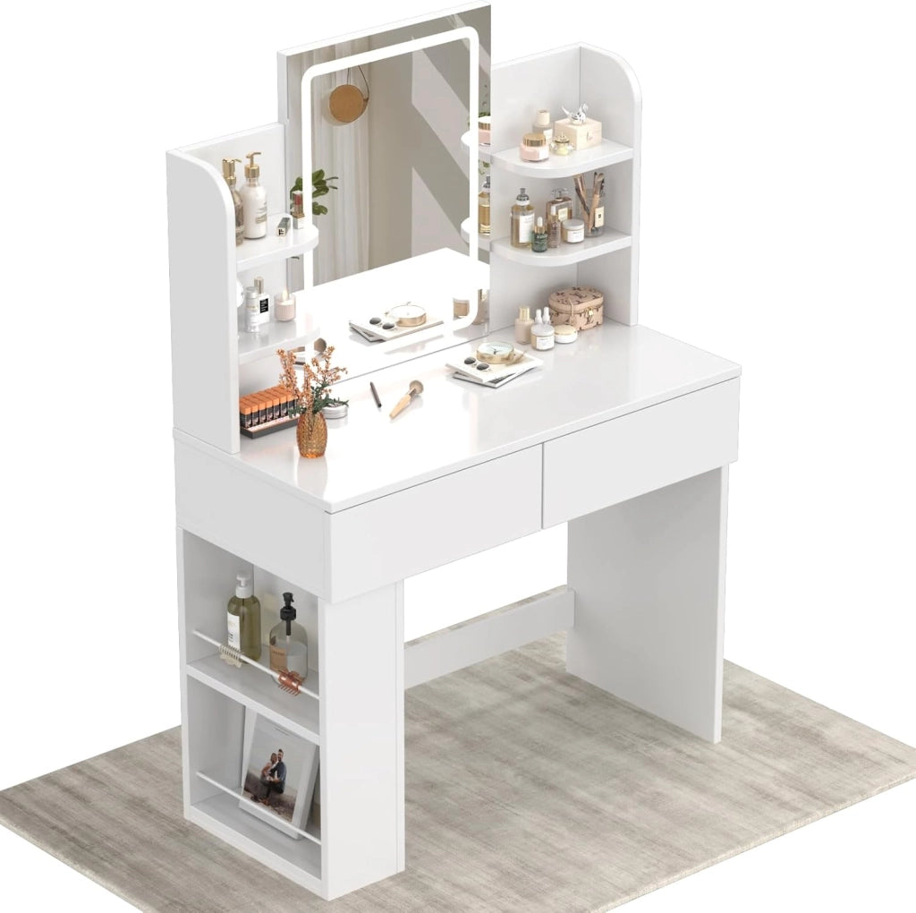 Toeletta Trucco con Luci LED 3 con Luminosità Regolabile,Tavolo da Trucco con Specchio, Ripiani Regolabili, 2 Cassetti, in Legno,Moderno (Bianco, 90cm)