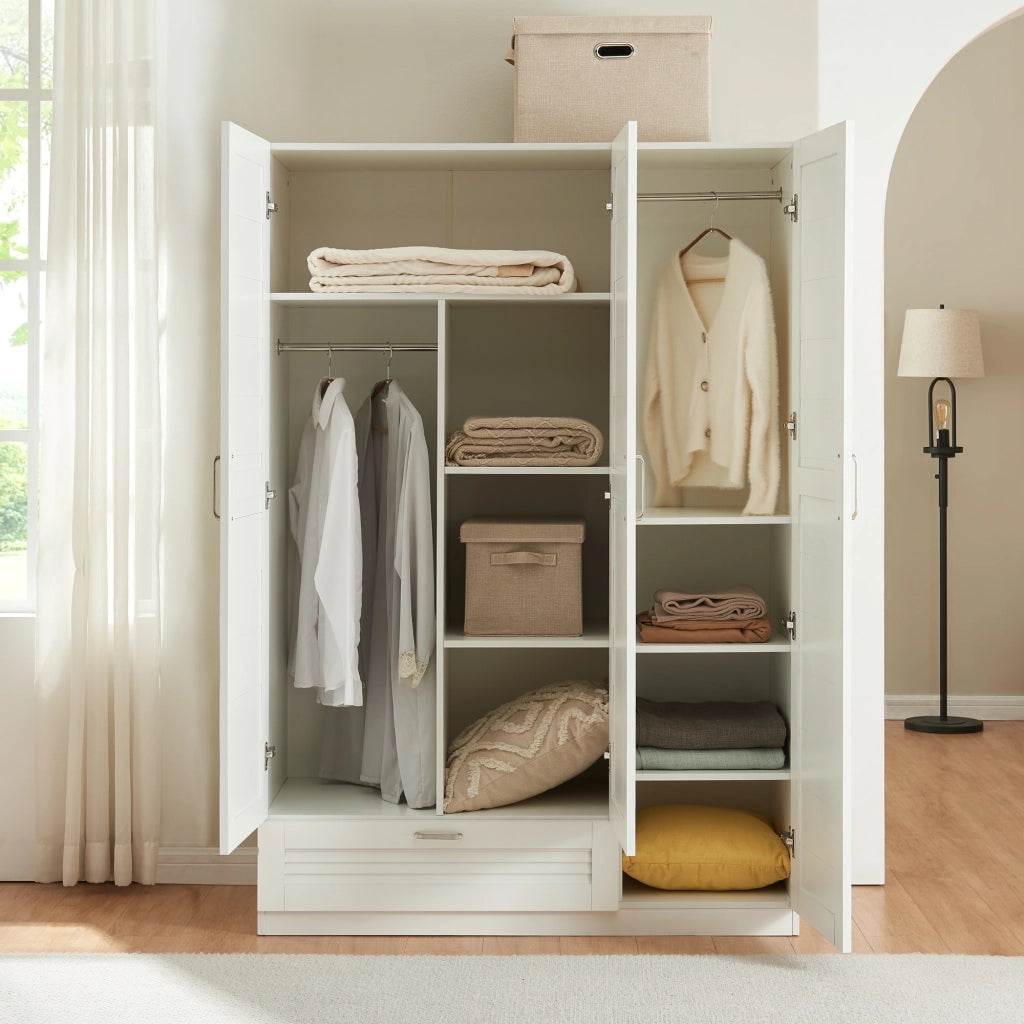 Armadio Guardaroba Finning con Ante a Persiana e Cassetto 176 x 120 x 52 cm Bianco [en.casa]