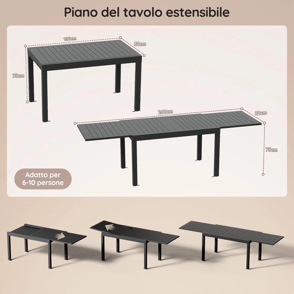 Tavolo da pranzo allungabile 130 X 80 X 75 Cm, tavolo da balcone in alluminio, resistente alle intemperie, allungabile fino a 260 cm, gambe regolabili, Grigio scuro