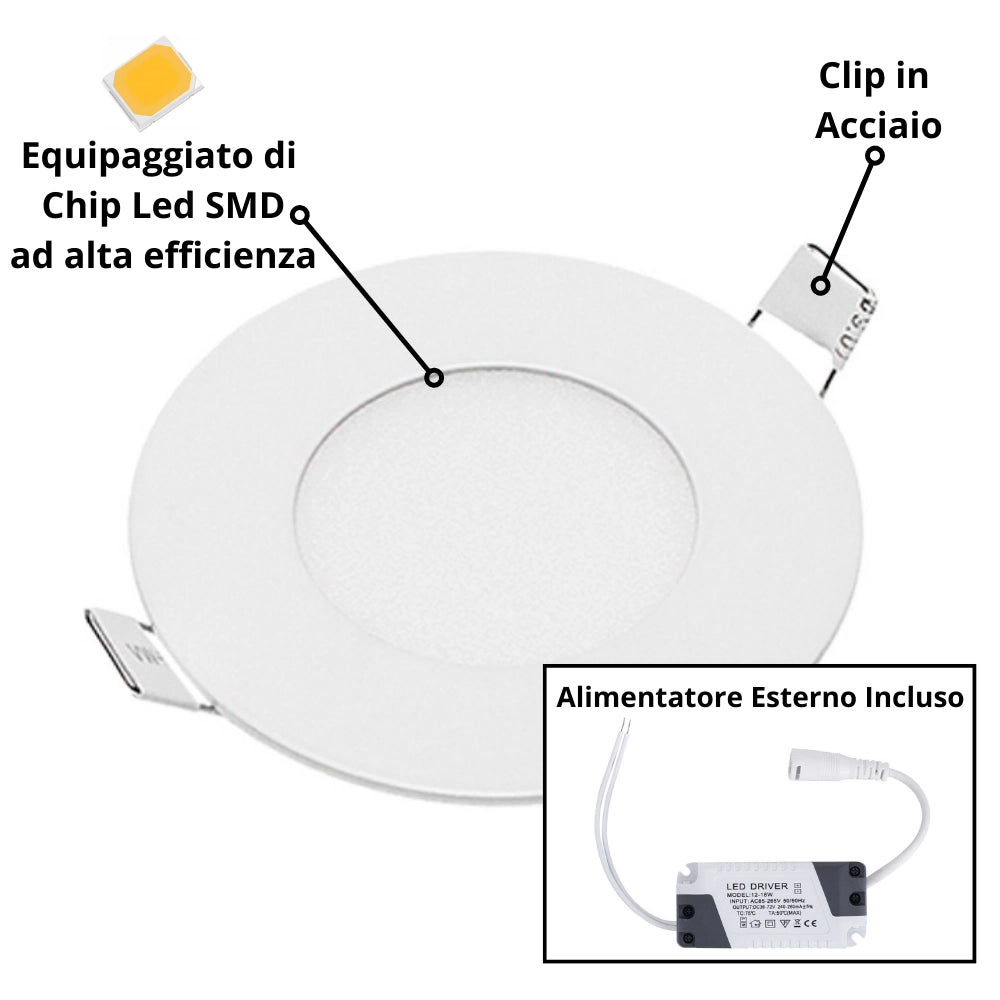 Pannello led incasso 8 cm 3watt slim tondo alimentatore incluso 6000k pezzi 3