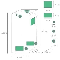 Tenda Idroponica in Oxford 600D con 5 Prese d'Aria Regolabili e Finestra, Serra Idroponica per Coltivazione con Foro per Cavi da Interno, 80x80x160 cm, Nero