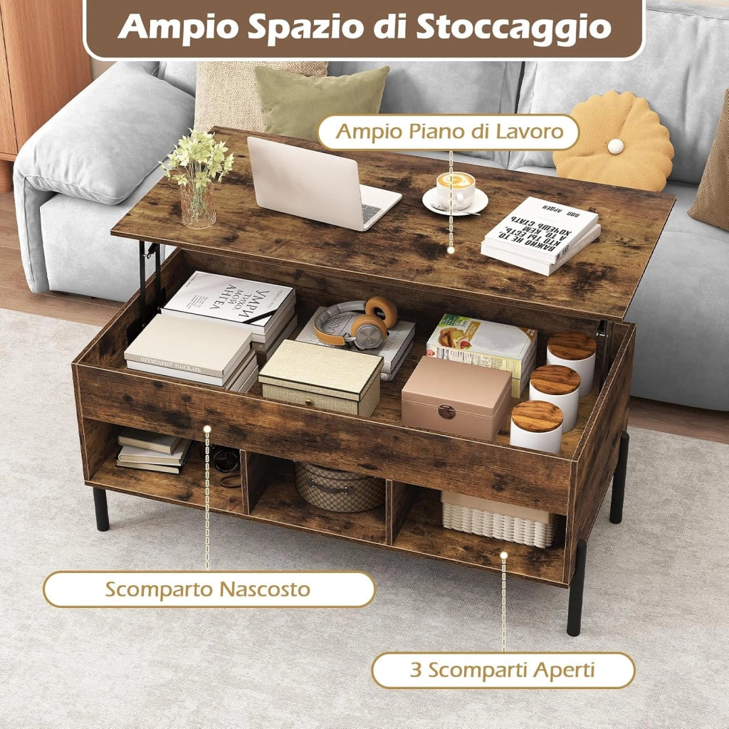 Tavolino da Caffè Sollevabile, Tavolo da Salotto con Piano Sollevabile, Ampio Comparto Nascosto, 3 Scomparti Aperti e Gambe in Metallo, Ideale per Salotto e Ufficio (Marrone)