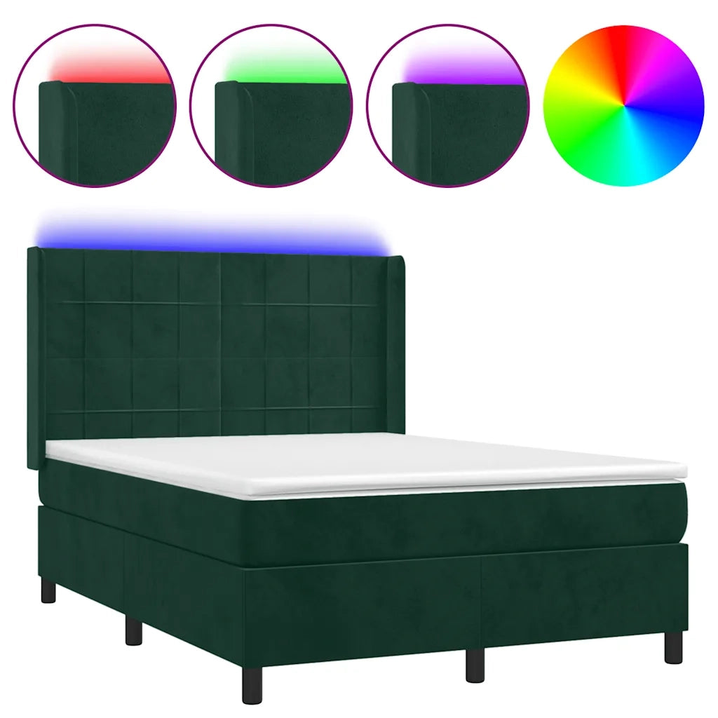 Letto a Molle con Materasso e LED Verde Scuro 140x200cm Velluto 3139568