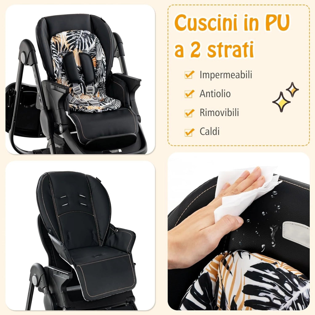Seggiolone Pappa Bambini Pieghevole, Altezza Regolabile (Nero) | Seggiolone Multifunzione con 4 Ruote, Poggiapiedi e Schienale, Vassoio Rimovibile, per 6-36 Mesi, Fino a 15 kg