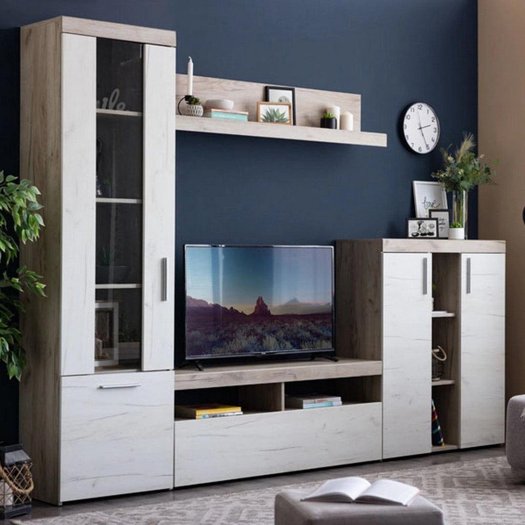 Mobile Soggiorno Oggiono, Parete Attrezzata Modulabile, 262x35x195h cm Bianco Larice