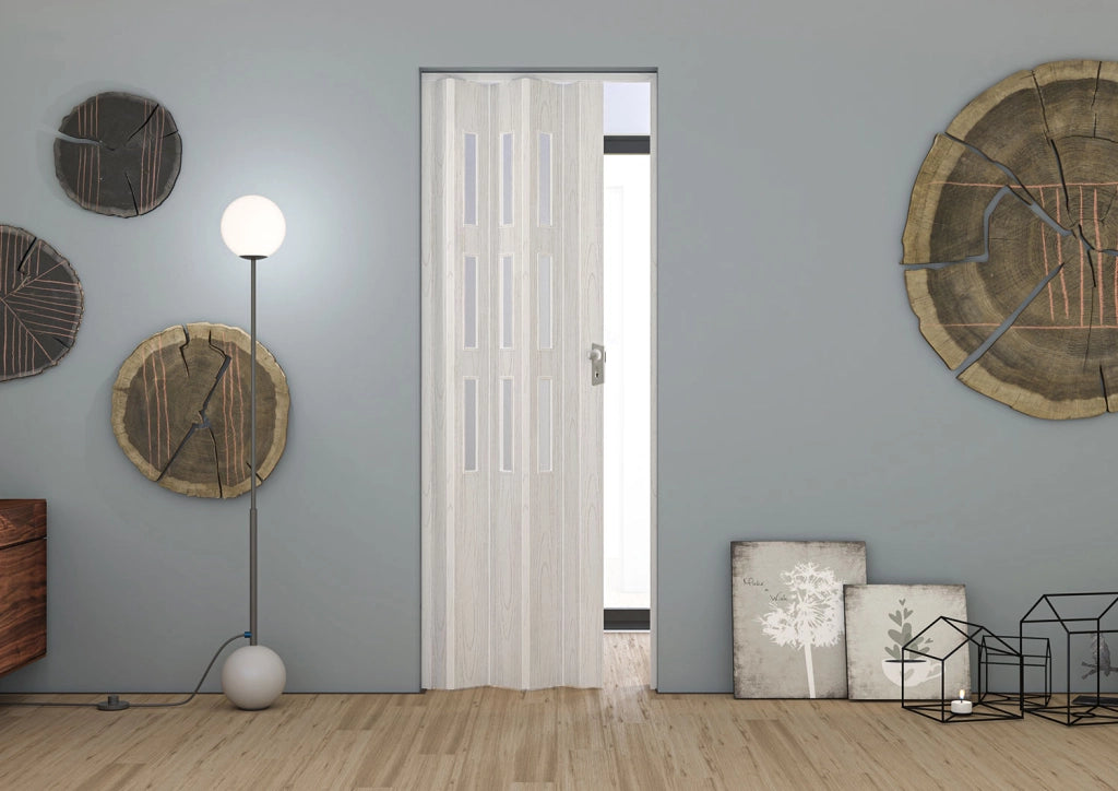 Porta a Soffietto da Interno Maya 83x214 cm Made in Italy in PVC con Vetro Satinato Pino Bianco