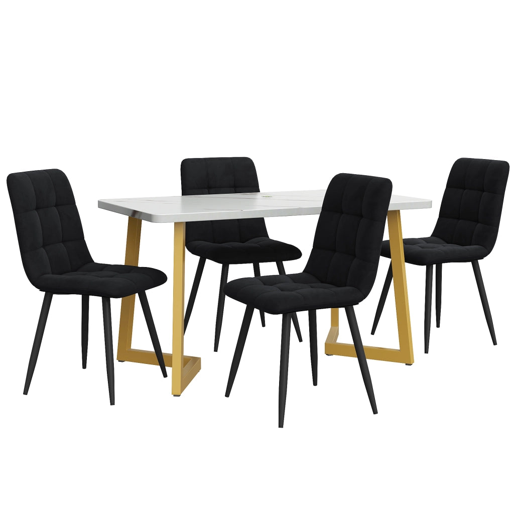 Tavolo da pranzo rettangolare con 4 sedie, piano effetto marmo, gambe dorate in MDF, nero e oro, per cucina