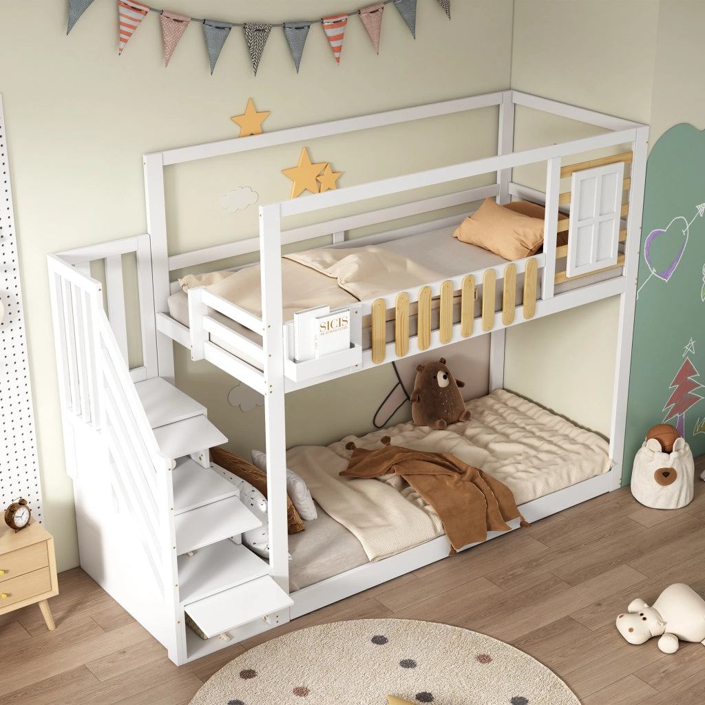 OKWISH Letto a Castello 90×200 cm, Letto Singolo con Scala, 3 Scomparti e Finestra, senza Materasso, in Legno, Bianco e Naturale