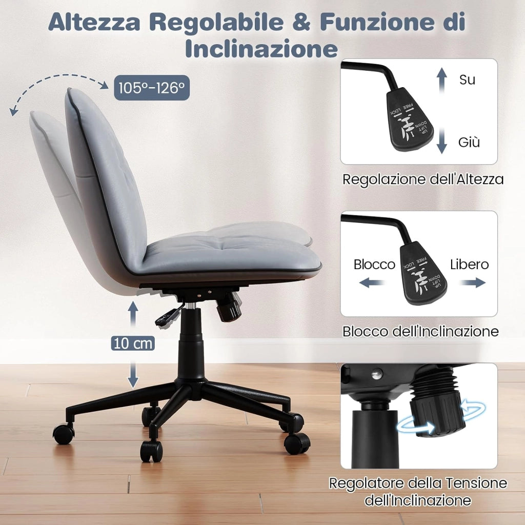 Sedia Scrivania Girevole a 360°, con Altezza Regolabile, Funzione Dondolo e Ruote Scorrevoli, Poltrona Ufficio Salvaspazio, Portata 112 kg (Grigio)