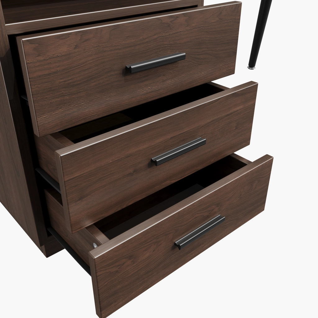 Scrivania con 3 cassetti e vano aperto per studio in vetro e MDF 130×50×75 cm marrone