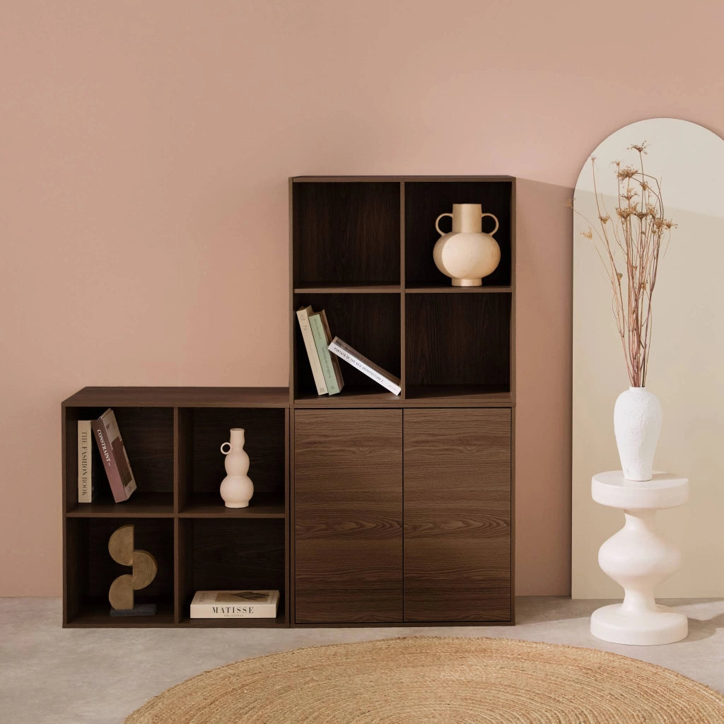 Libreria modulare in legno 3 elementi, 2 ante 8 vani, noce